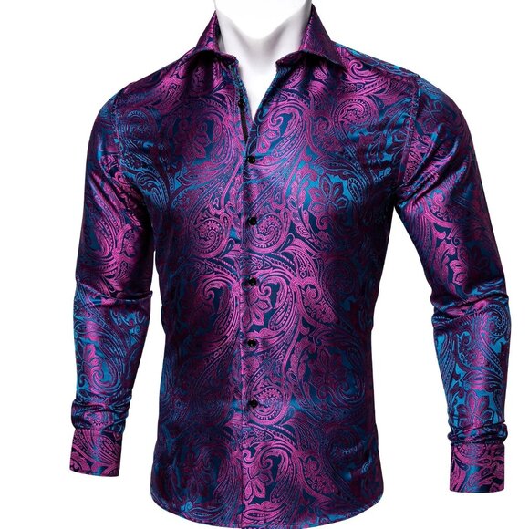 NWT Barry.Wang Silk Blend Blue Pink Paisley Long Sleeve Button Down Size M - Picture 2 of 7